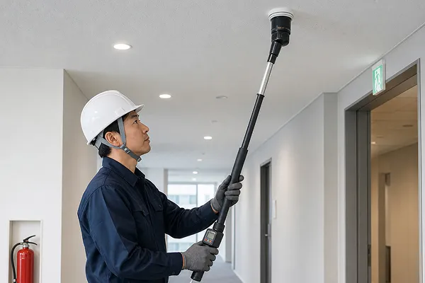 天井の火災感知器を点検する作業員
