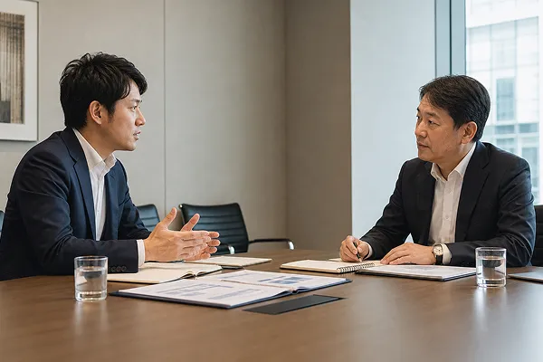 会議室で打ち合わせを行うスタッフ